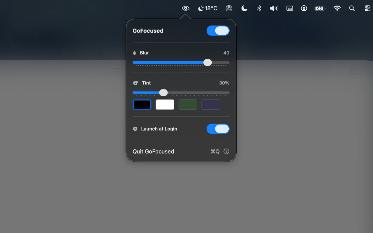 FocusXD menu bar popover with blur and tint controls