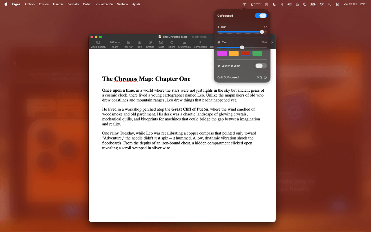 With GoFocused — background windows dimmed and tinted